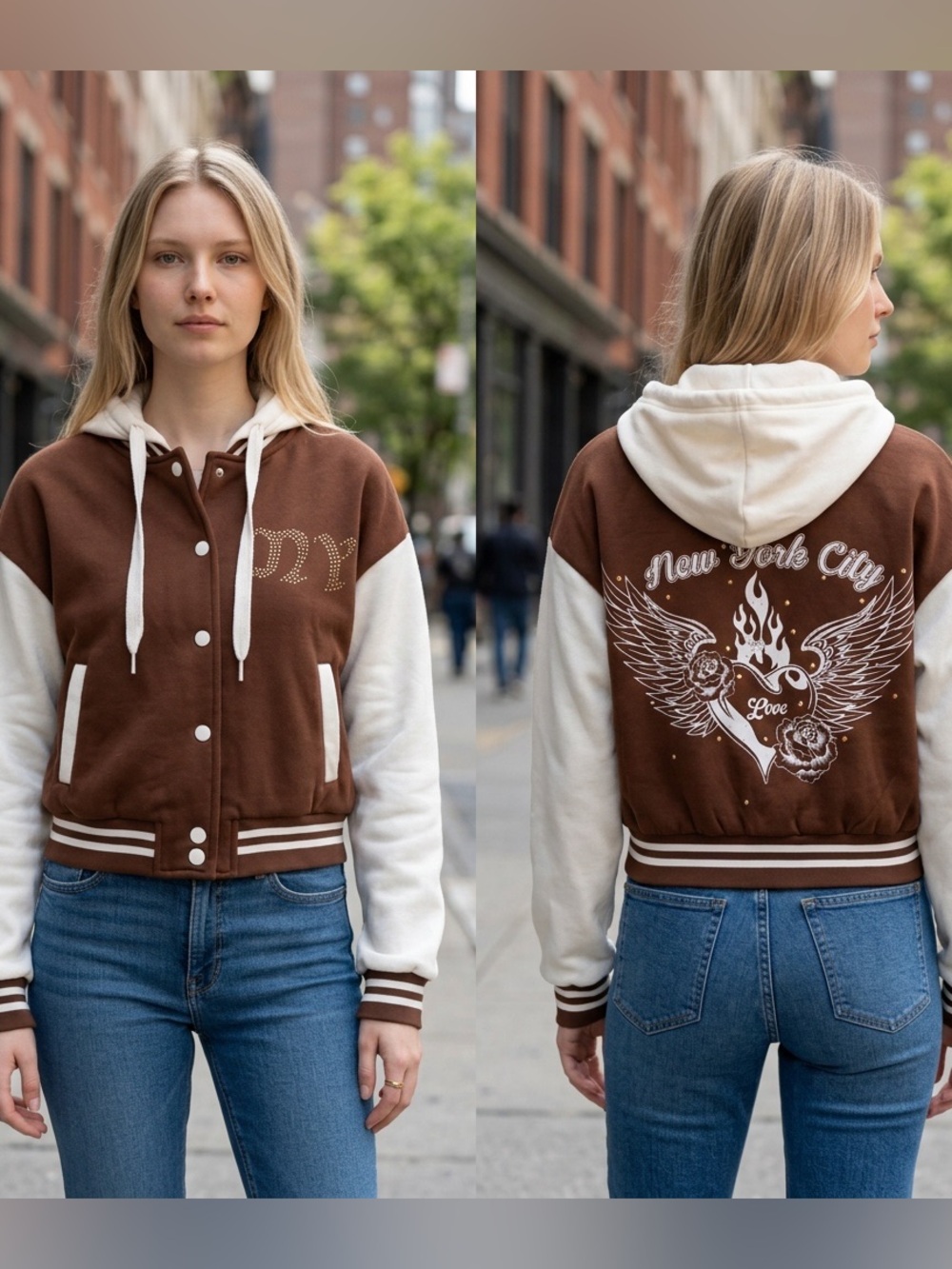 Brand new with tags varsity-style hooded bomber jacket